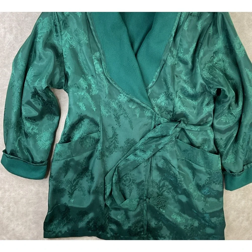 Victoria's Secret Robe Green Satin Fleece Lined Floral Pockets Belted Vintage